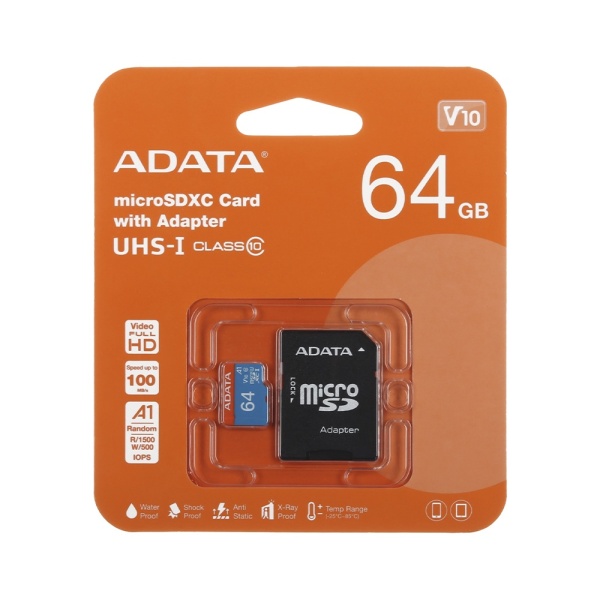 Карта памяти microSD 64GB ADATA Premier V10 (SD адаптер)