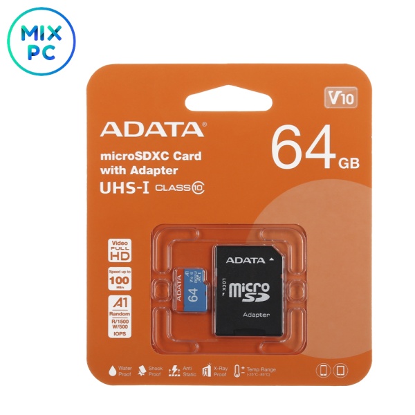 Карта памяти microSD 64GB ADATA Premier V10 (SD адаптер)