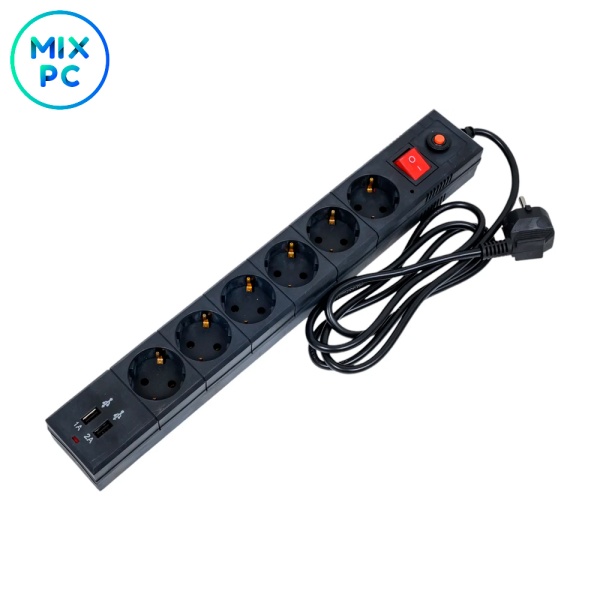 Сетевой фильтр Buro BU-SP1.8_USB_2A-B 1.8м 6 розеток