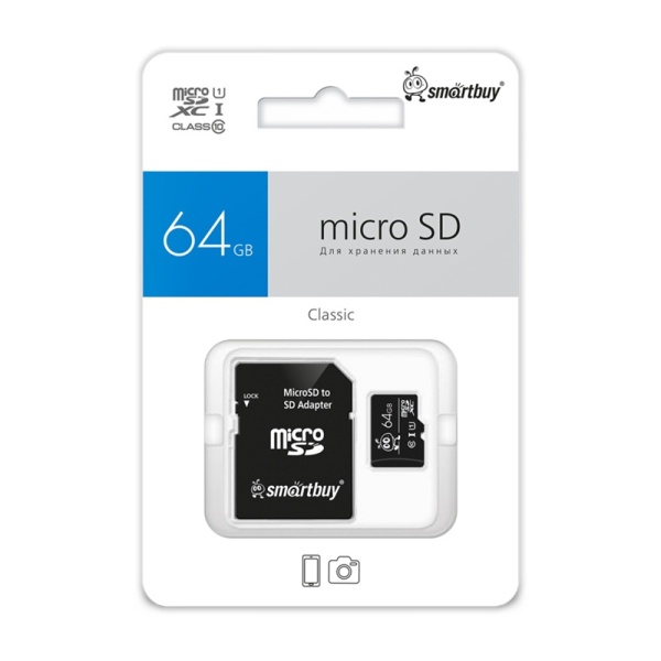 Карта памяти microSD 64GB Smartbuy (SD адаптер)
