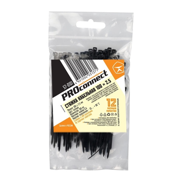 Хомут-стяжка кабельная нейлоновая PROconnect 100x2,5 мм Black 100 шт